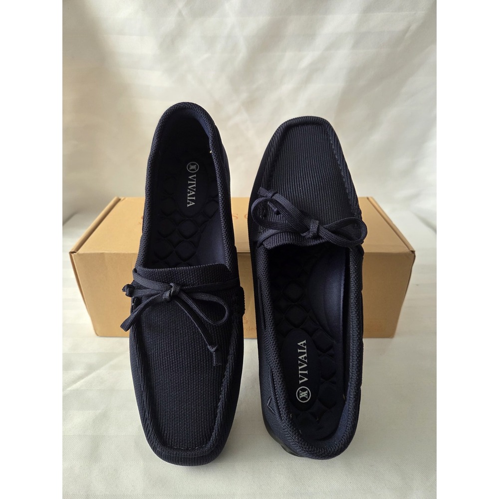 Vivaia Navy Knit Loafers Square Toe Driving Mocs Blue Bow Flats New US 9 EU 40 - Picture 5 of 15